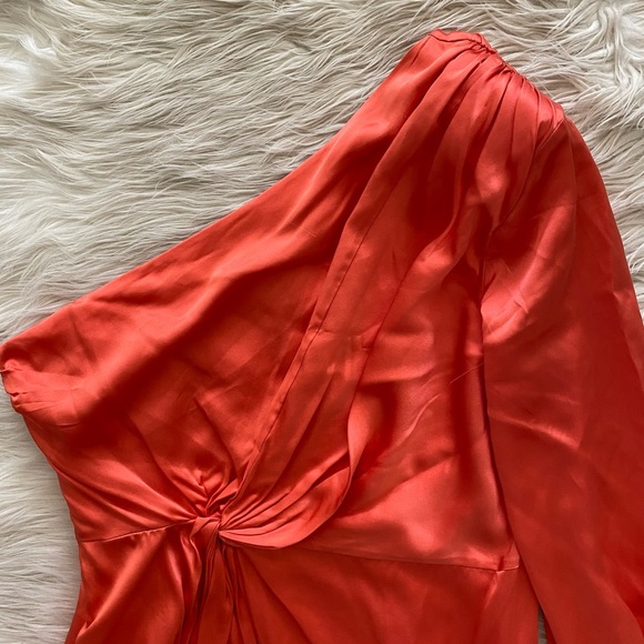 Cinq a Sept Neon Coral Satin Silk One Shoulder Stace Shirt Asymmetrical Blouse - Picture 4 of 14